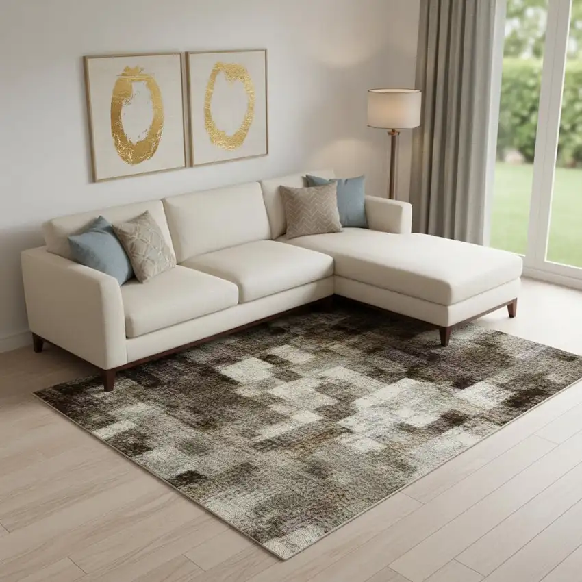 Brown Gray And Ivory Abstract Washable Area Rug With UV Protection Photo 2