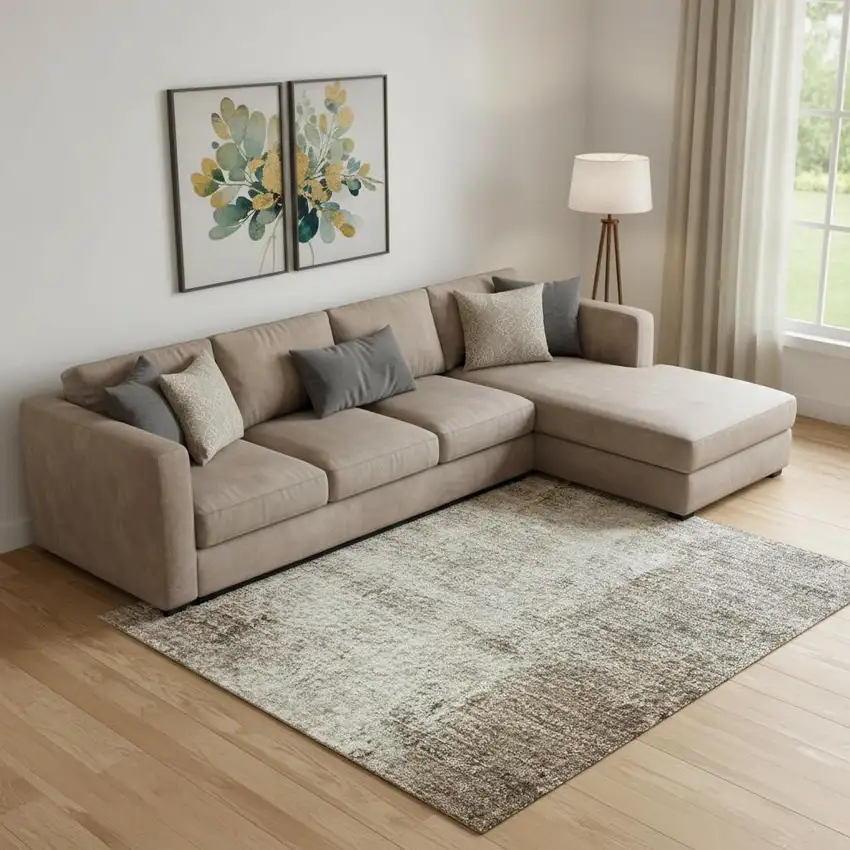 Brown Gray And Ivory Abstract Washable Area Rug With UV Protection Photo 2