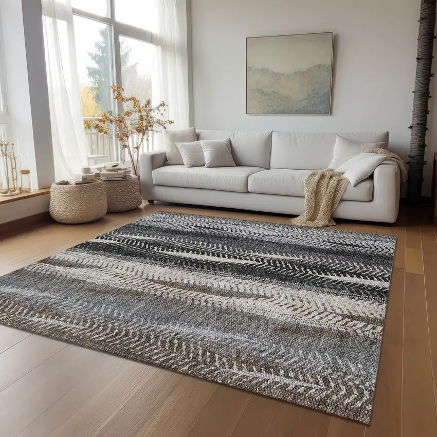 Brown Gray And Ivory Botanical Leaves Washable Indoor Outdoor Area Rug Photo 8
