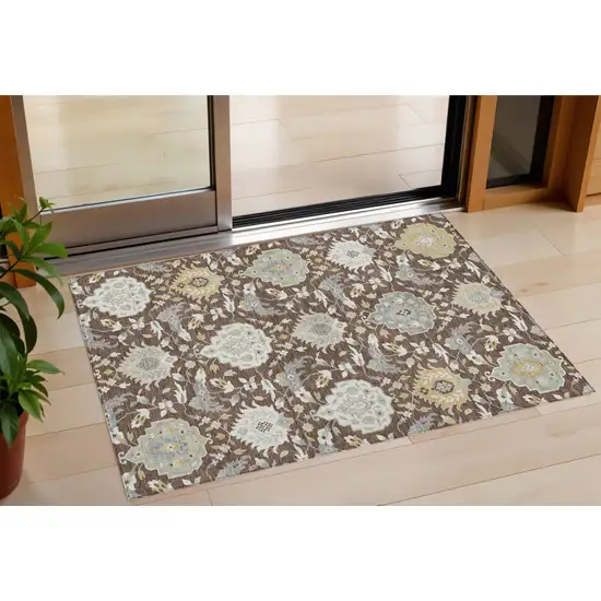 Brown Gray And Ivory Damask Washable Indoor Outdoor Area Rug Photo 1