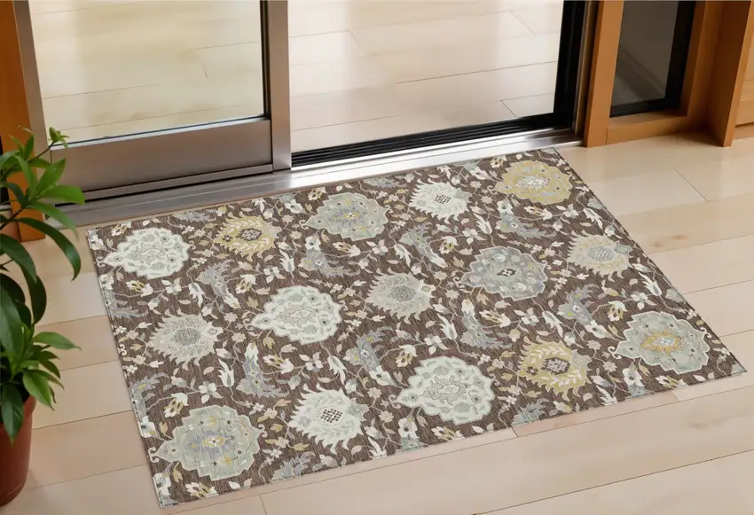 Brown Gray And Ivory Damask Washable Indoor Outdoor Area Rug Photo 1