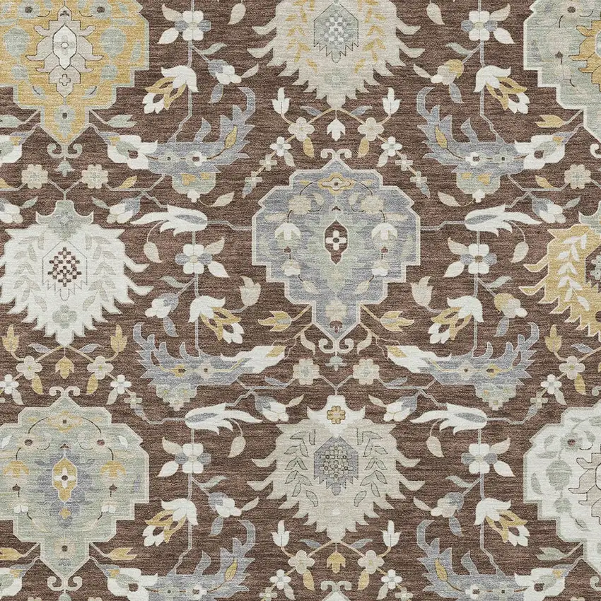 Brown Gray And Ivory Damask Washable Indoor Outdoor Area Rug Photo 6