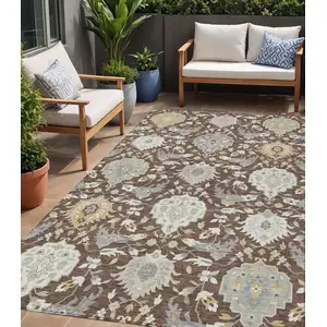 Photo of Brown Gray And Ivory Damask Washable Indoor Outdoor Area Rug