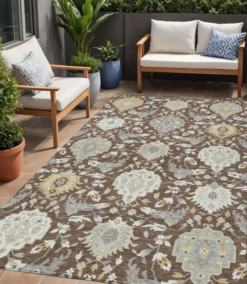 Brown Gray And Ivory Damask Washable Indoor Outdoor Area Rug Photo 1