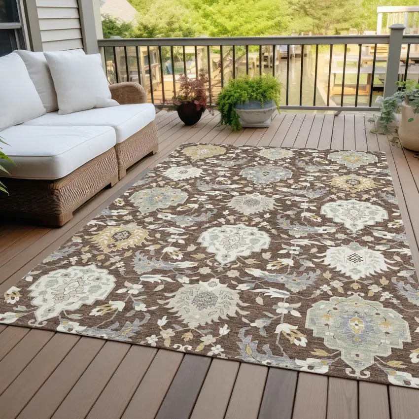 Brown Gray And Ivory Damask Washable Indoor Outdoor Area Rug Photo 9
