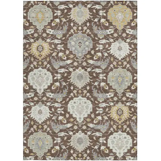 Brown Gray And Ivory Damask Washable Indoor Outdoor Area Rug Photo 7
