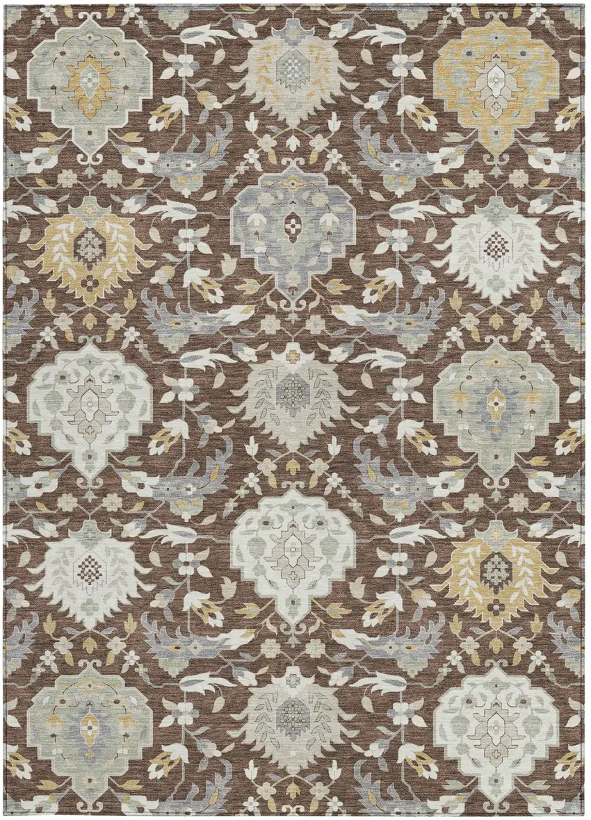Brown Gray And Ivory Damask Washable Indoor Outdoor Area Rug Photo 7