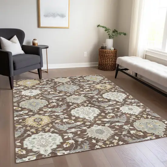 Brown Gray And Ivory Damask Washable Indoor Outdoor Area Rug Photo 9