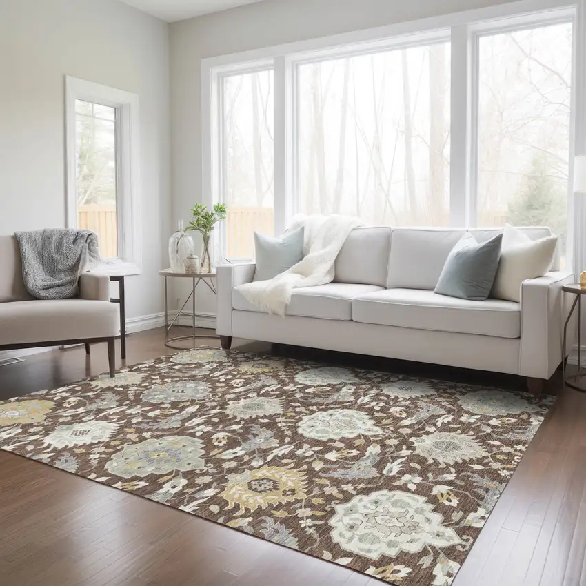 Brown Gray And Ivory Damask Washable Indoor Outdoor Area Rug Photo 9