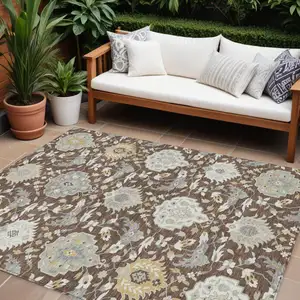 Photo of Brown Gray And Ivory Damask Washable Indoor Outdoor Area Rug