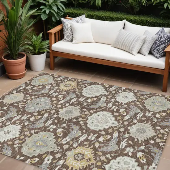 Brown Gray And Ivory Damask Washable Indoor Outdoor Area Rug Photo 1