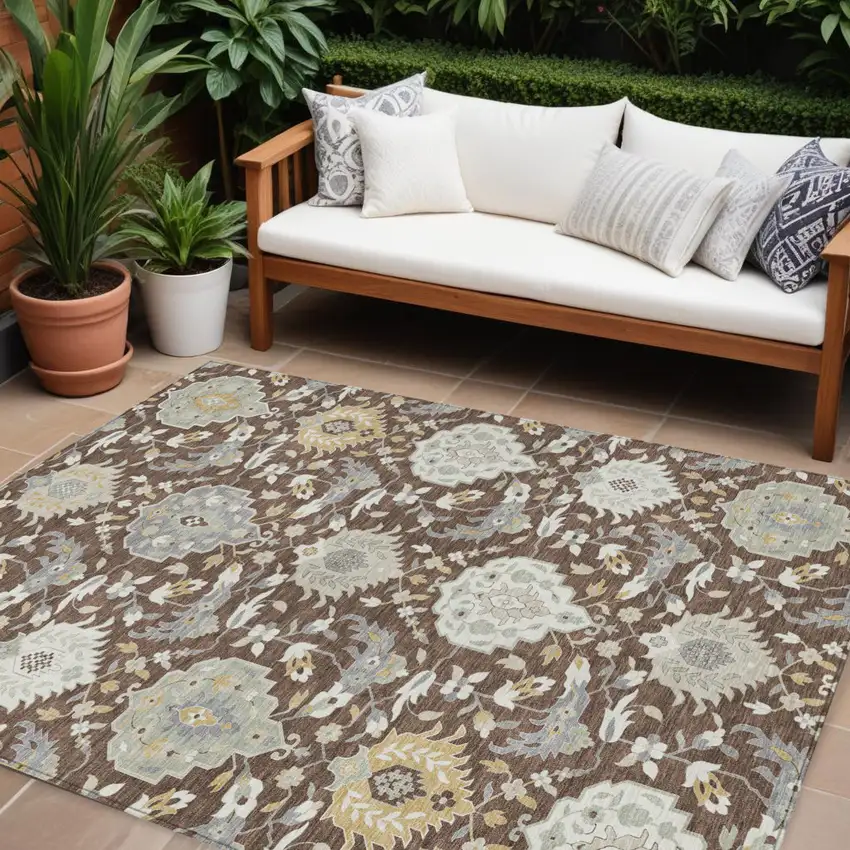 Brown Gray And Ivory Damask Washable Indoor Outdoor Area Rug Photo 1