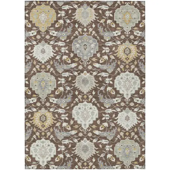 Brown Gray And Ivory Damask Washable Indoor Outdoor Area Rug Photo 2