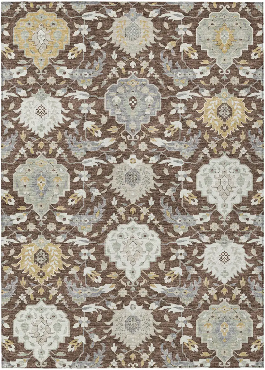 Brown Gray And Ivory Damask Washable Indoor Outdoor Area Rug Photo 2