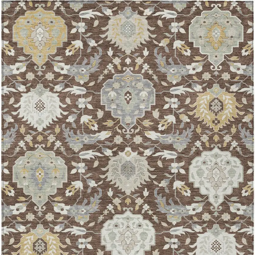 Brown Gray And Ivory Damask Washable Indoor Outdoor Area Rug Photo 8