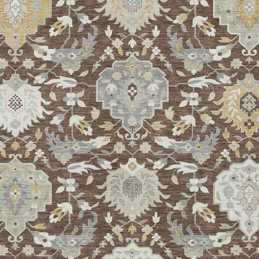 Brown Gray And Ivory Damask Washable Indoor Outdoor Area Rug Photo 6