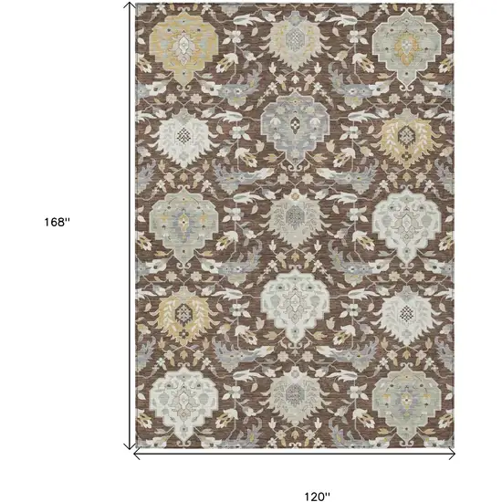 Brown Gray And Ivory Damask Washable Indoor Outdoor Area Rug Photo 3