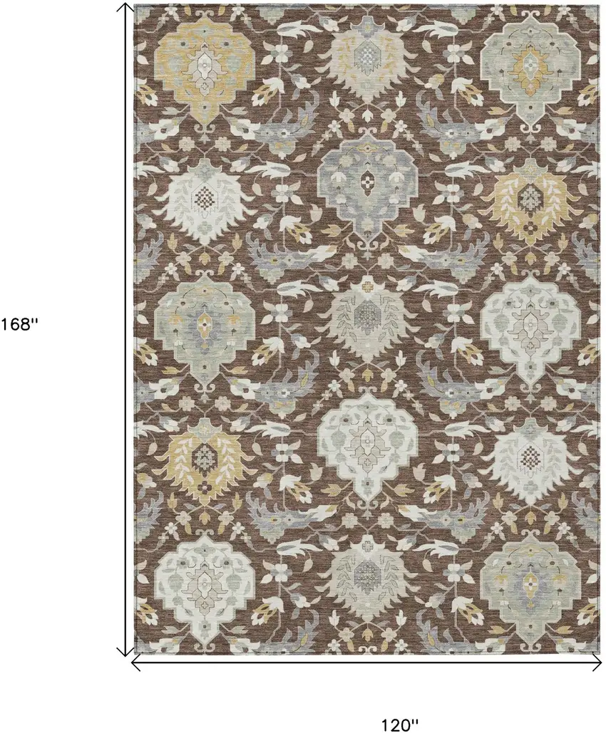 Brown Gray And Ivory Damask Washable Indoor Outdoor Area Rug Photo 3