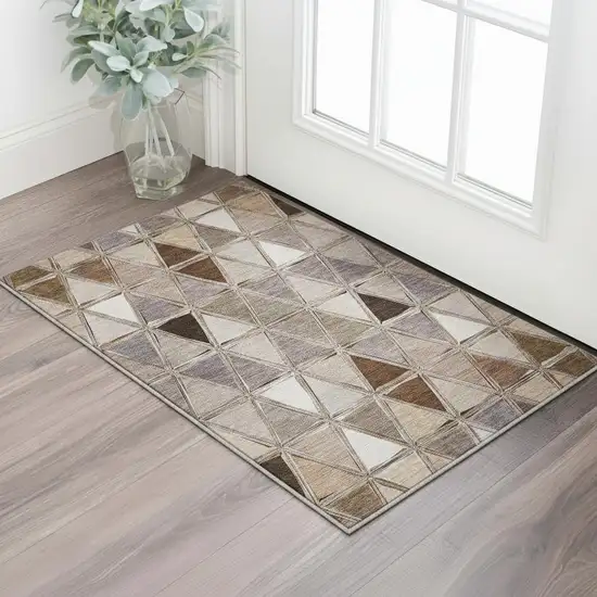 Brown Gray And Ivory Geometric Washable Area Rug With UV Protection Photo 2