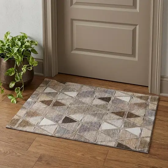 Brown Gray And Ivory Geometric Washable Area Rug With UV Protection Photo 1