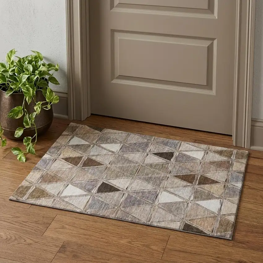 Brown Gray And Ivory Geometric Washable Area Rug With UV Protection Photo 1