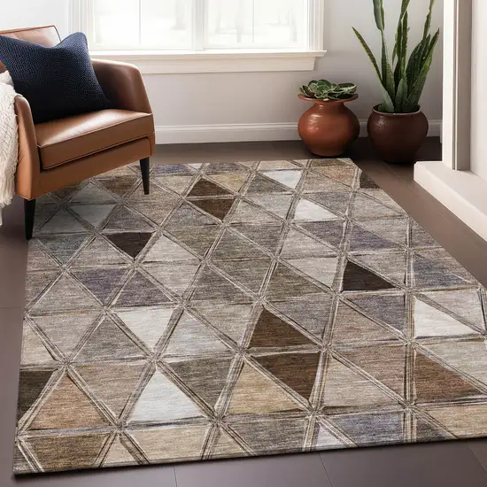 Brown Gray And Ivory Geometric Washable Area Rug With UV Protection Photo 4