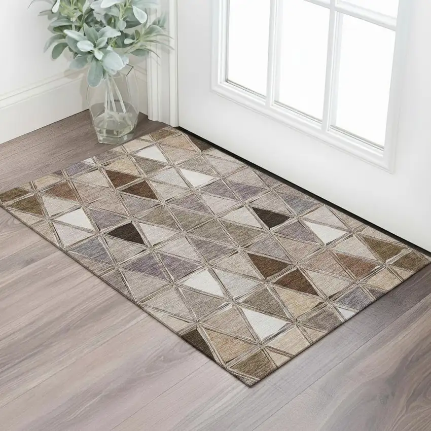Brown Gray And Ivory Geometric Washable Area Rug With UV Protection Photo 1