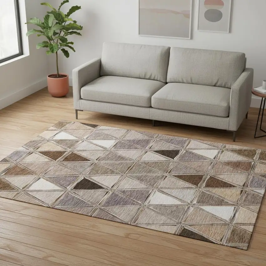 Brown Gray And Ivory Geometric Washable Area Rug With UV Protection Photo 1