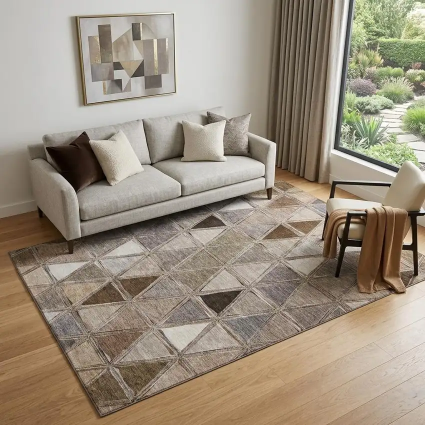 Brown Gray And Ivory Geometric Washable Area Rug With UV Protection Photo 1