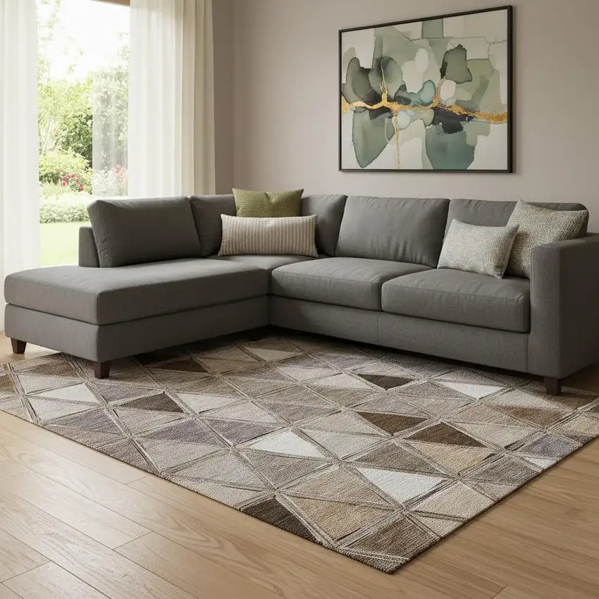 Brown Gray And Ivory Geometric Washable Area Rug With UV Protection Photo 1