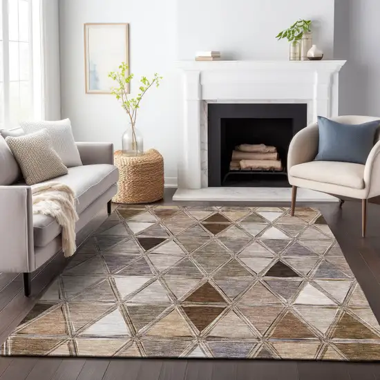 Brown Gray And Ivory Geometric Washable Area Rug With UV Protection Photo 4