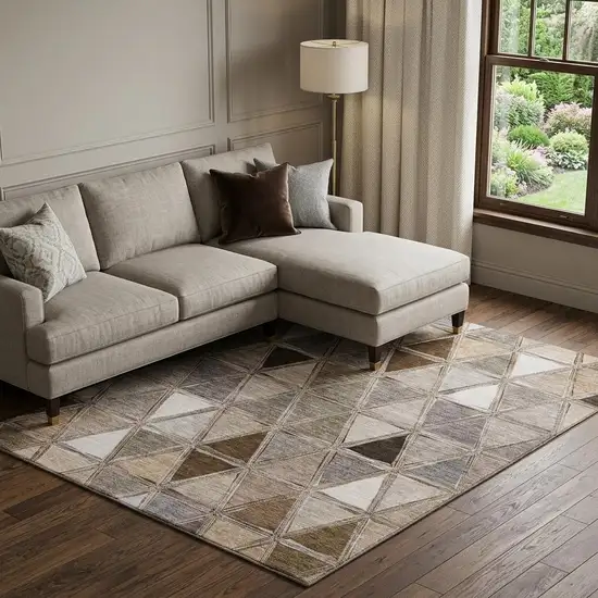Brown Gray And Ivory Geometric Washable Area Rug With UV Protection Photo 1