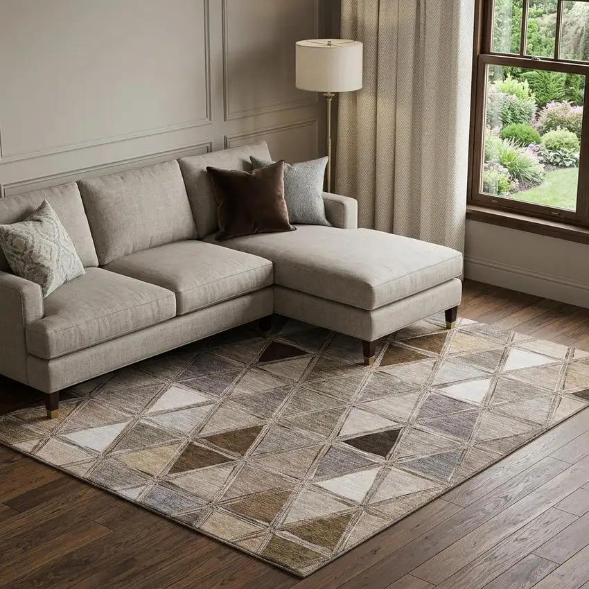 Brown Gray And Ivory Geometric Washable Area Rug With UV Protection Photo 1