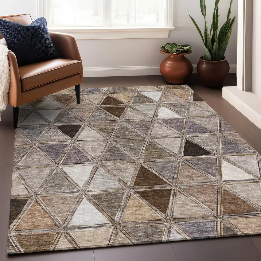 Brown Gray And Ivory Geometric Washable Area Rug With UV Protection Photo 4