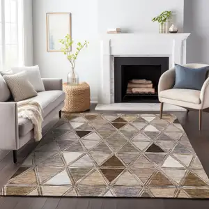 Photo of Brown Gray And Ivory Geometric Washable Area Rug With UV Protection