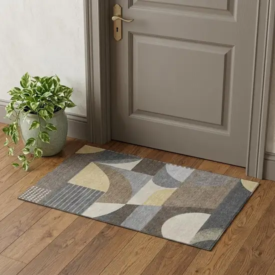 Brown Gray And Ivory Geometric Washable Area Rug With UV Protection Photo 1