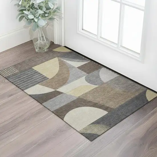 Brown Gray And Ivory Geometric Washable Area Rug With UV Protection Photo 2