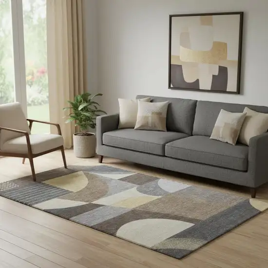 Brown Gray And Ivory Geometric Washable Area Rug With UV Protection Photo 2