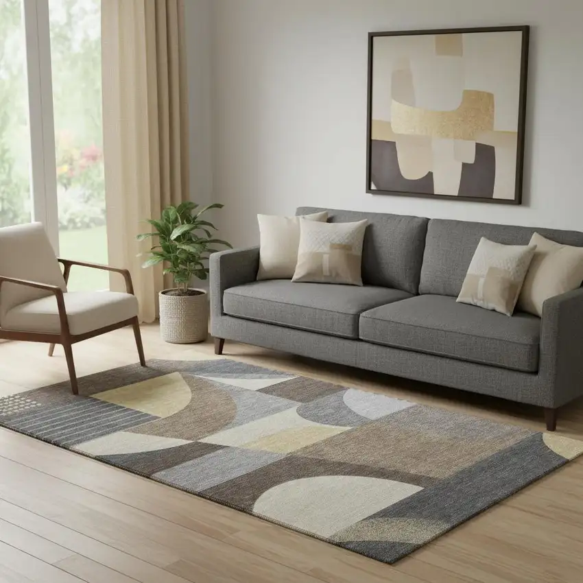 Brown Gray And Ivory Geometric Washable Area Rug With UV Protection Photo 2