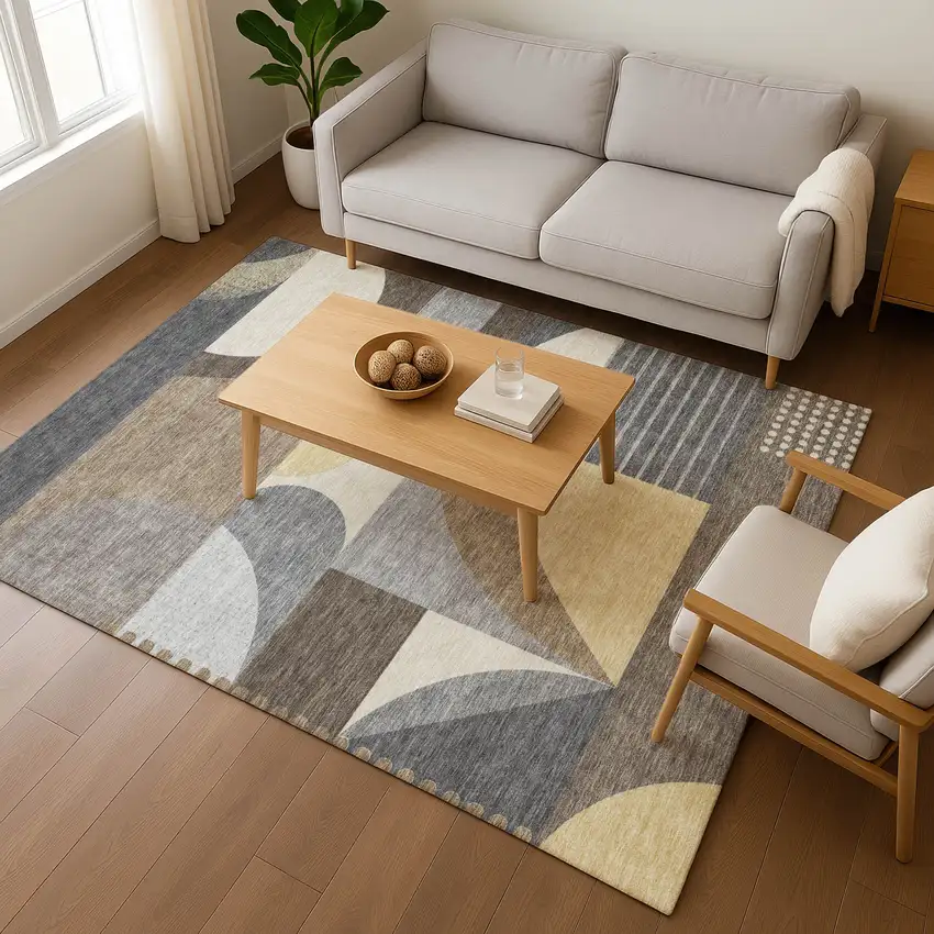 Brown Gray And Ivory Geometric Washable Area Rug With UV Protection Photo 5