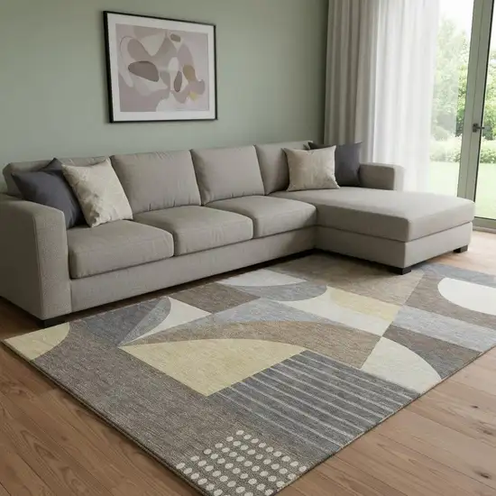 Brown Gray And Ivory Geometric Washable Area Rug With UV Protection Photo 2