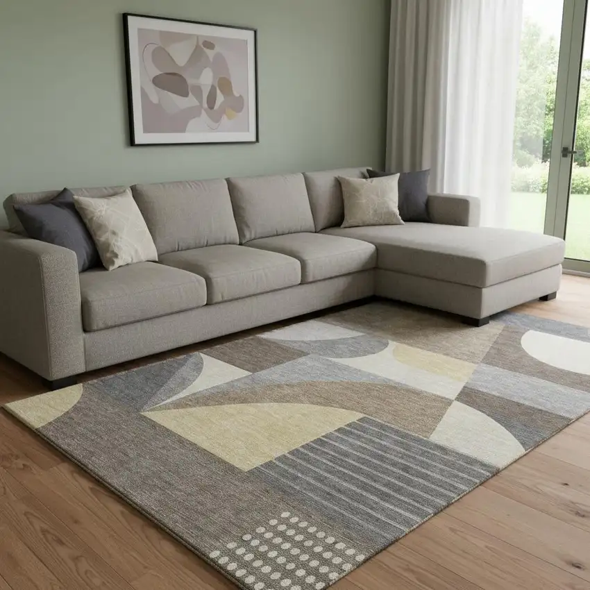 Brown Gray And Ivory Geometric Washable Area Rug With UV Protection Photo 2