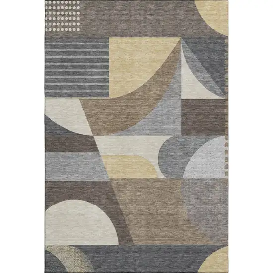 Brown Gray And Ivory Geometric Washable Area Rug With UV Protection Photo 1
