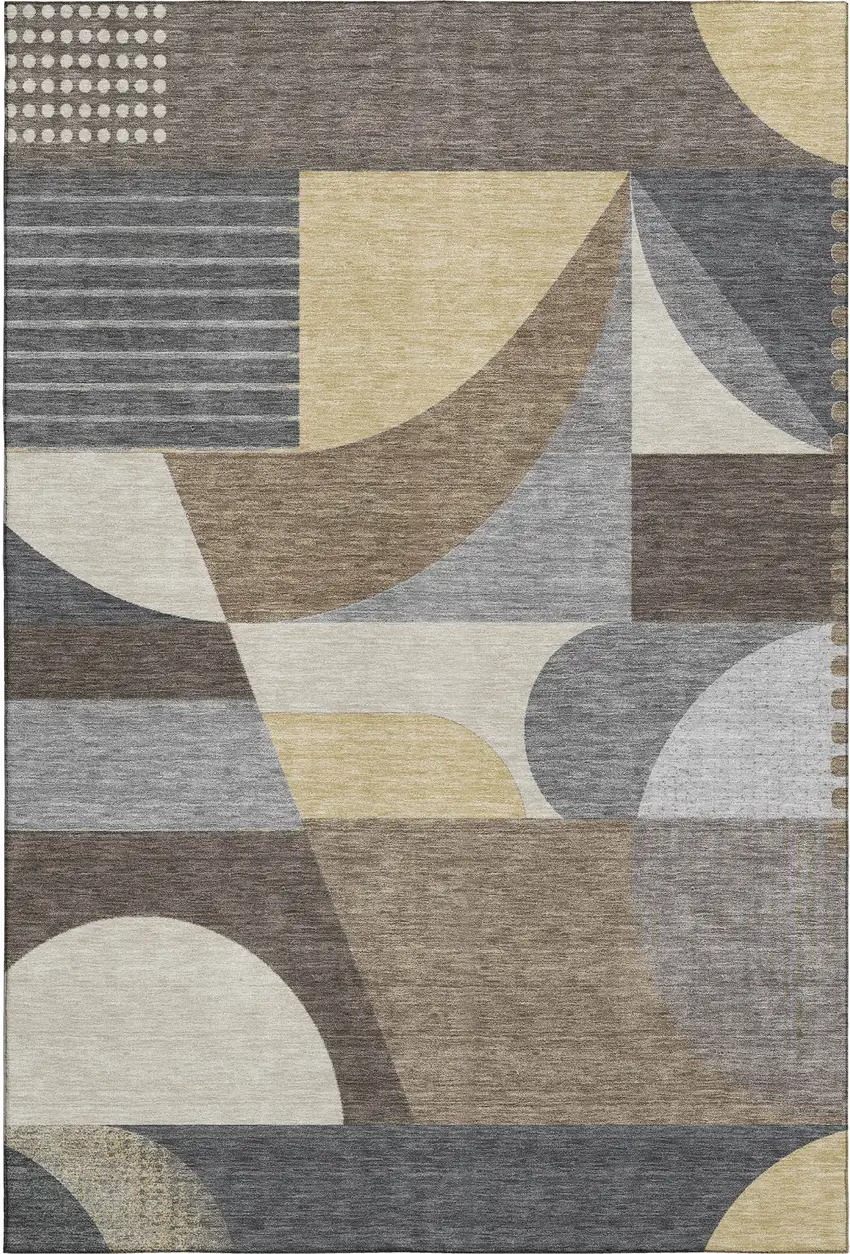 Brown Gray And Ivory Geometric Washable Area Rug With UV Protection Photo 1