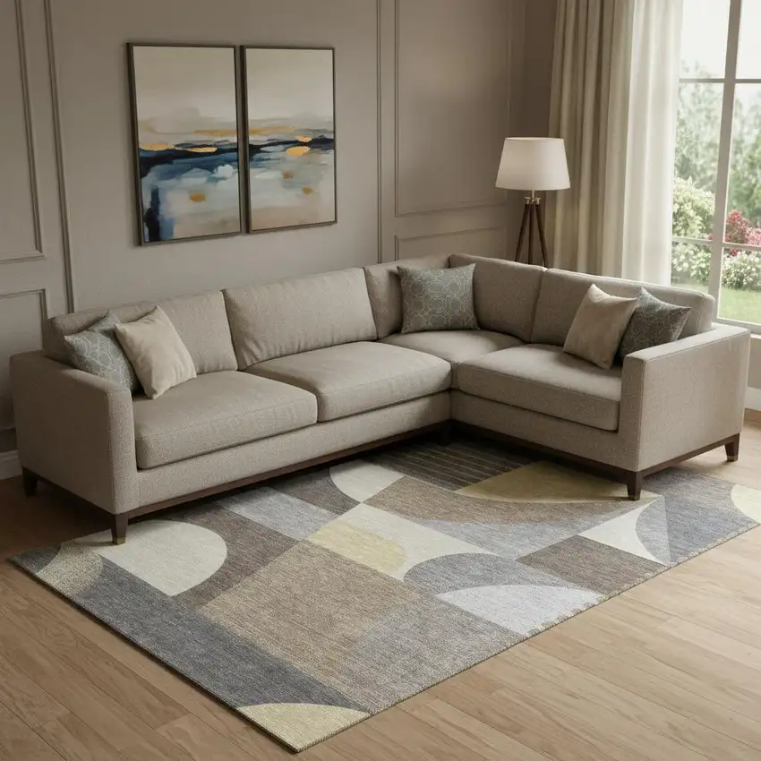 Brown Gray And Ivory Geometric Washable Area Rug With UV Protection Photo 2