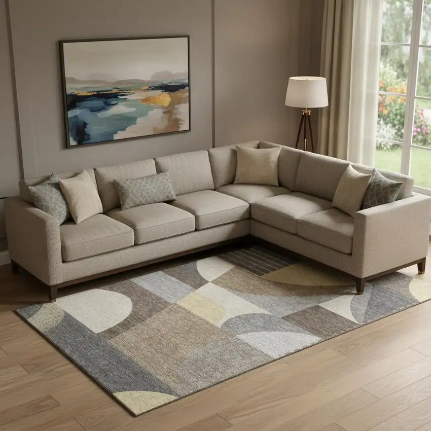 Brown Gray And Ivory Geometric Washable Area Rug With UV Protection Photo 2