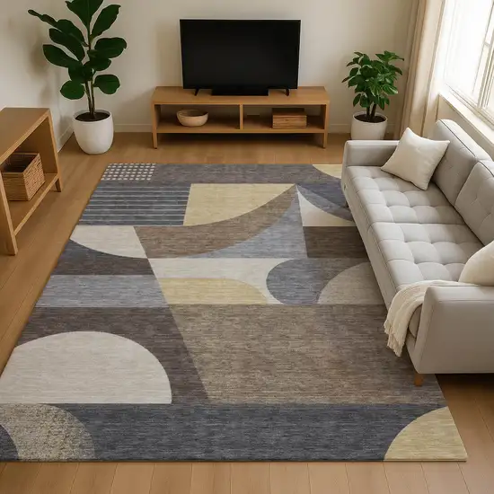 Brown Gray And Ivory Geometric Washable Area Rug With UV Protection Photo 3