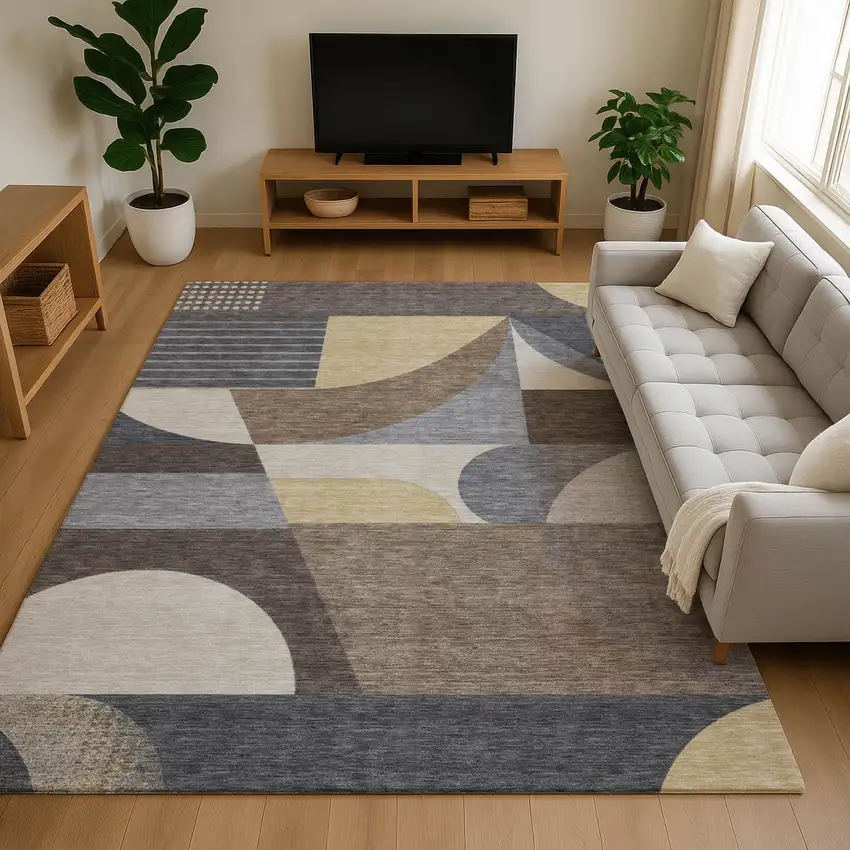 Brown Gray And Ivory Geometric Washable Area Rug With UV Protection Photo 3