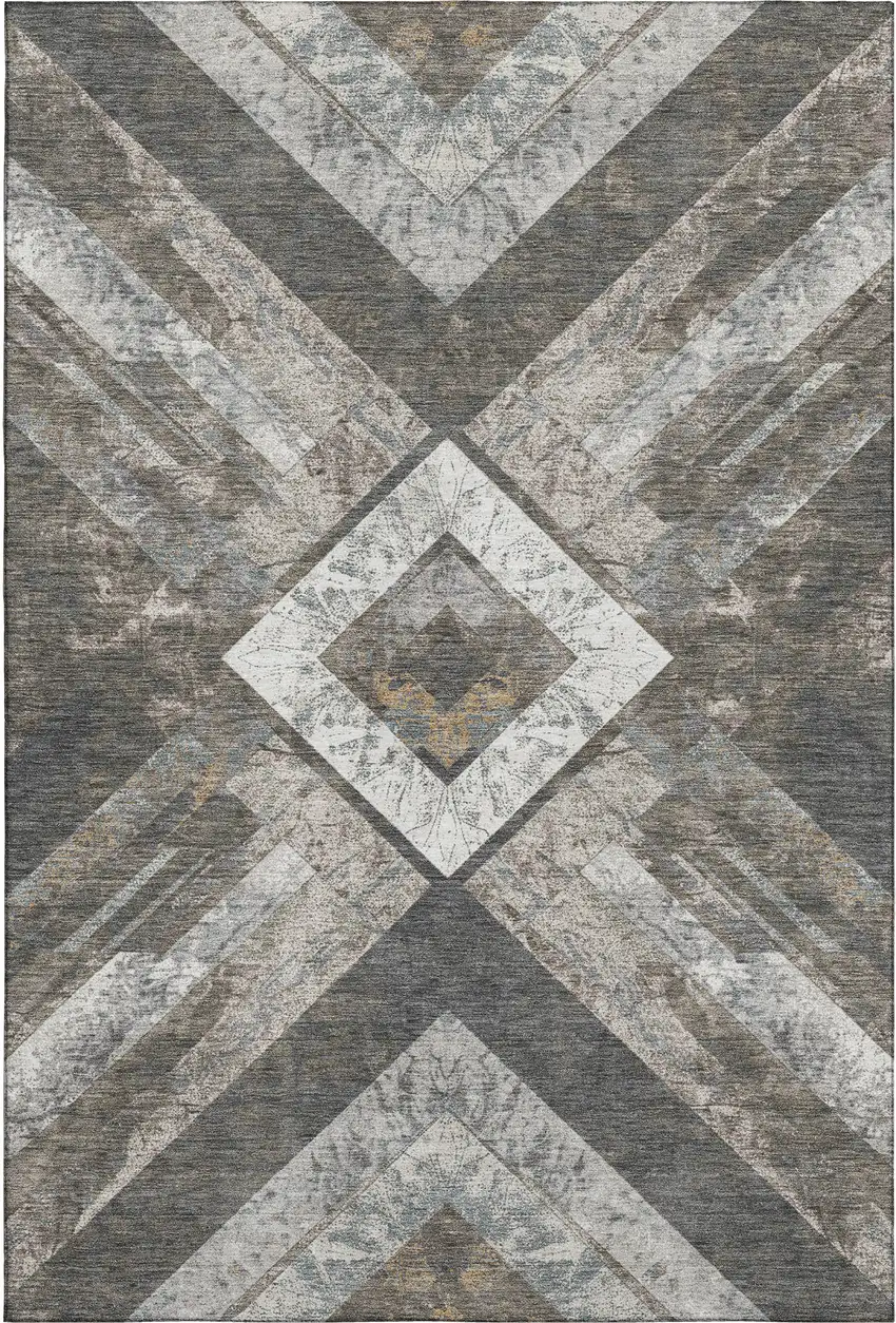 Brown Gray And Ivory Geometric Washable Area Rug With UV Protection Photo 1