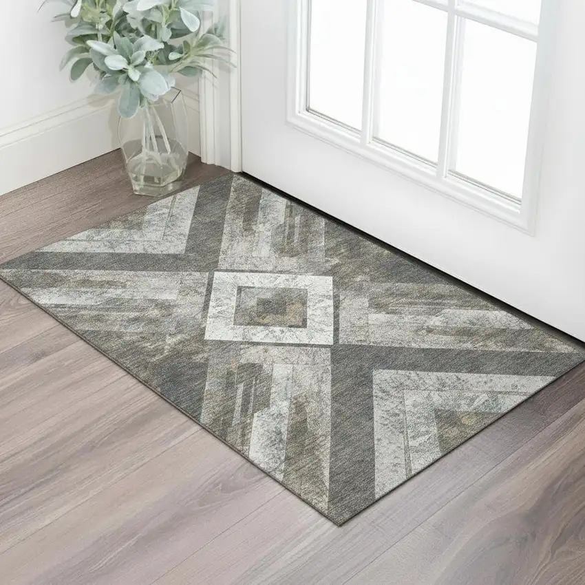 Brown Gray And Ivory Geometric Washable Area Rug With UV Protection Photo 2